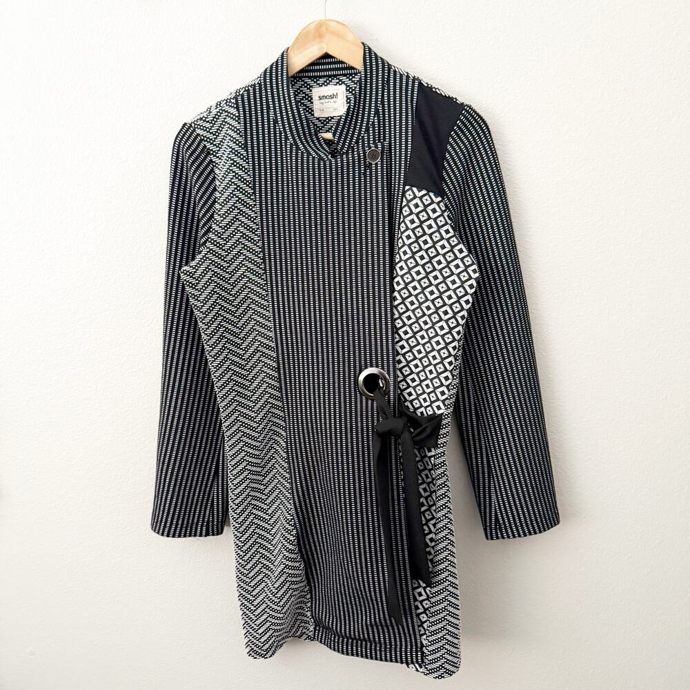 SMASH! | Black White Jacket Coat Mixed Print Patchwork Tie Grommet Long | Small